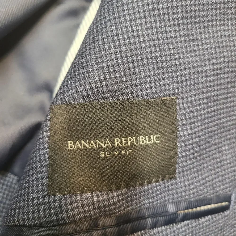 Banana Republic Suit Jacket Mens 48 Blue Check Slim Fit Wool Blend Notch Lapel